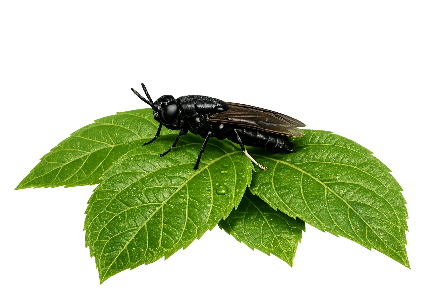 Adult Black Soldier Fly resting on a green leaf